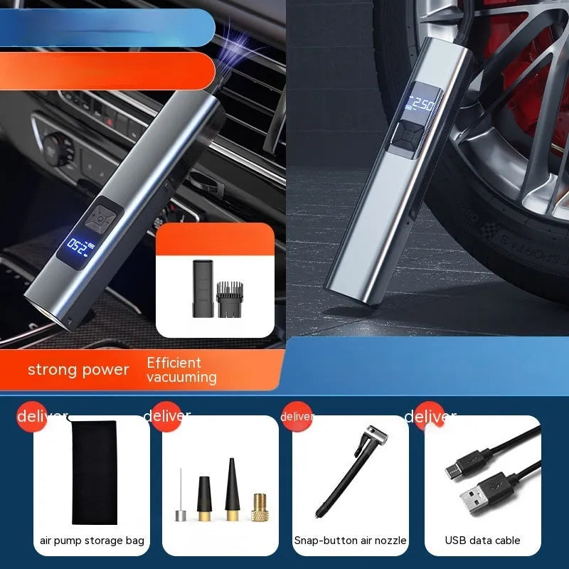 Wireless car air pump with digital display featuring vacuum cleaner function and emergency lighting