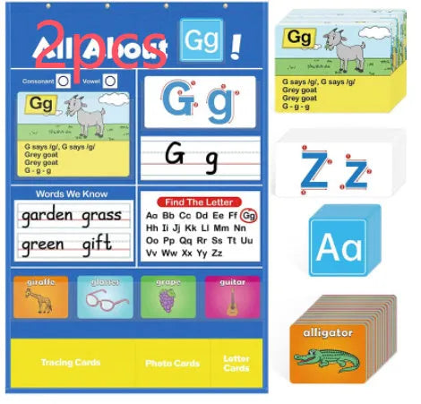 Children's alphabet learning sleeve chart with word cards, letter cards and picture cards