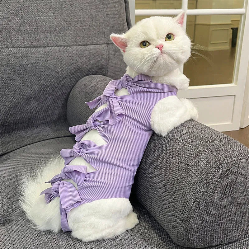 Lace-up polyester cat sterilisation recovery clothing shown in blue on a mannequin.