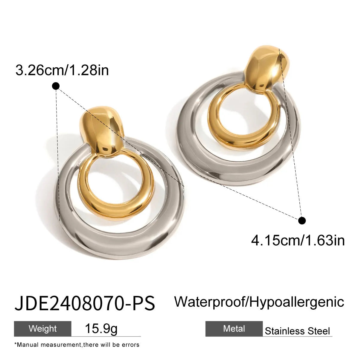 Golden round double layer hollow stud earrings with geometric design on white background