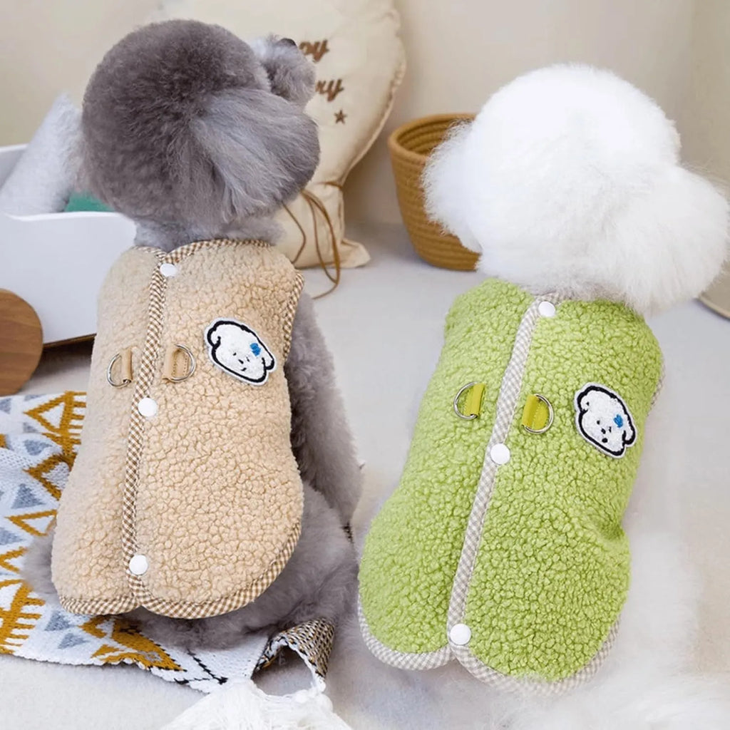 Green coral fleece dog sweatshirt vest with leash ring on small dog