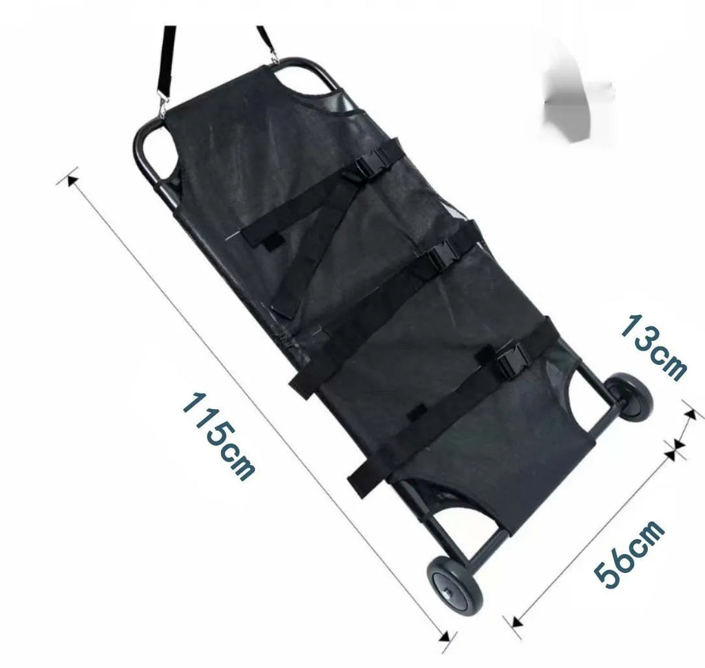 Large black foldable aluminium alloy pet stretcher for dogs laid flat.