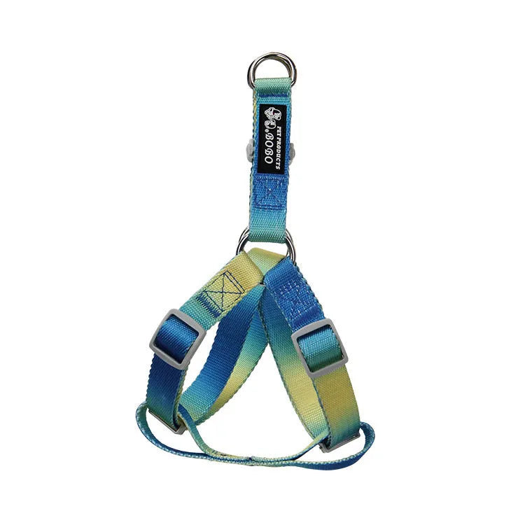 Nylon dog leash and collar set showing pink and blue gradient colour option.
