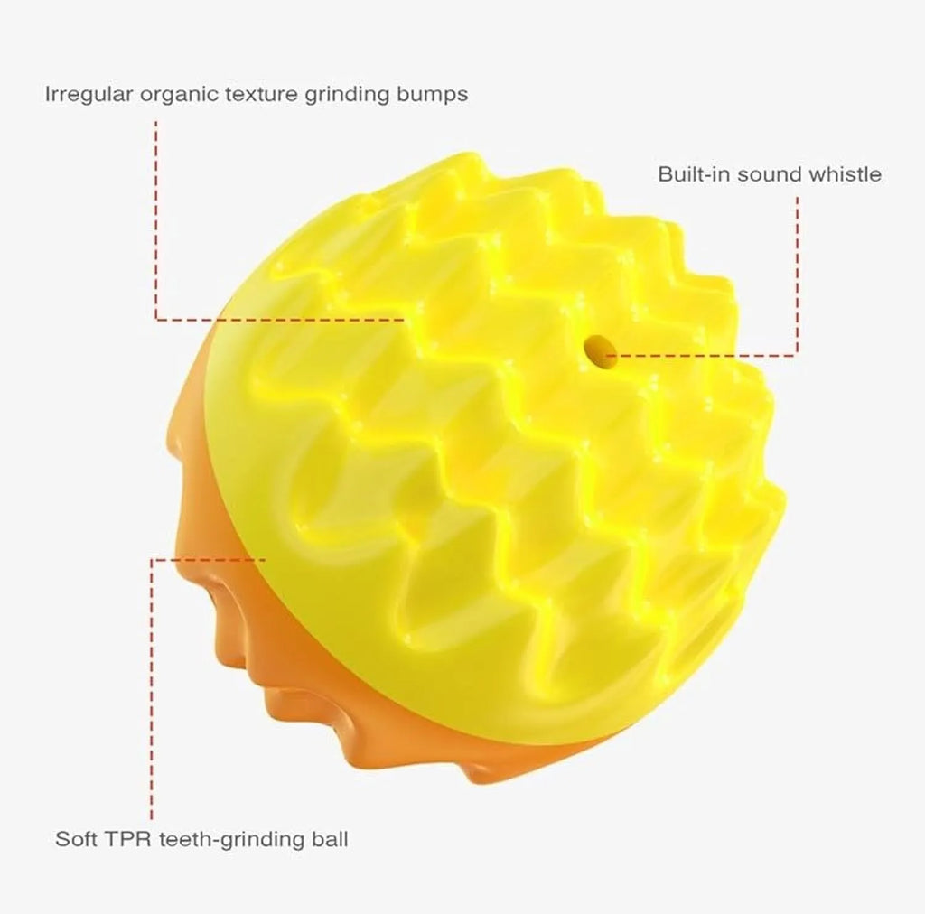 Blue and orange squeaky dog ball toy with spiky texture for dental cleaning and durable rubber construction