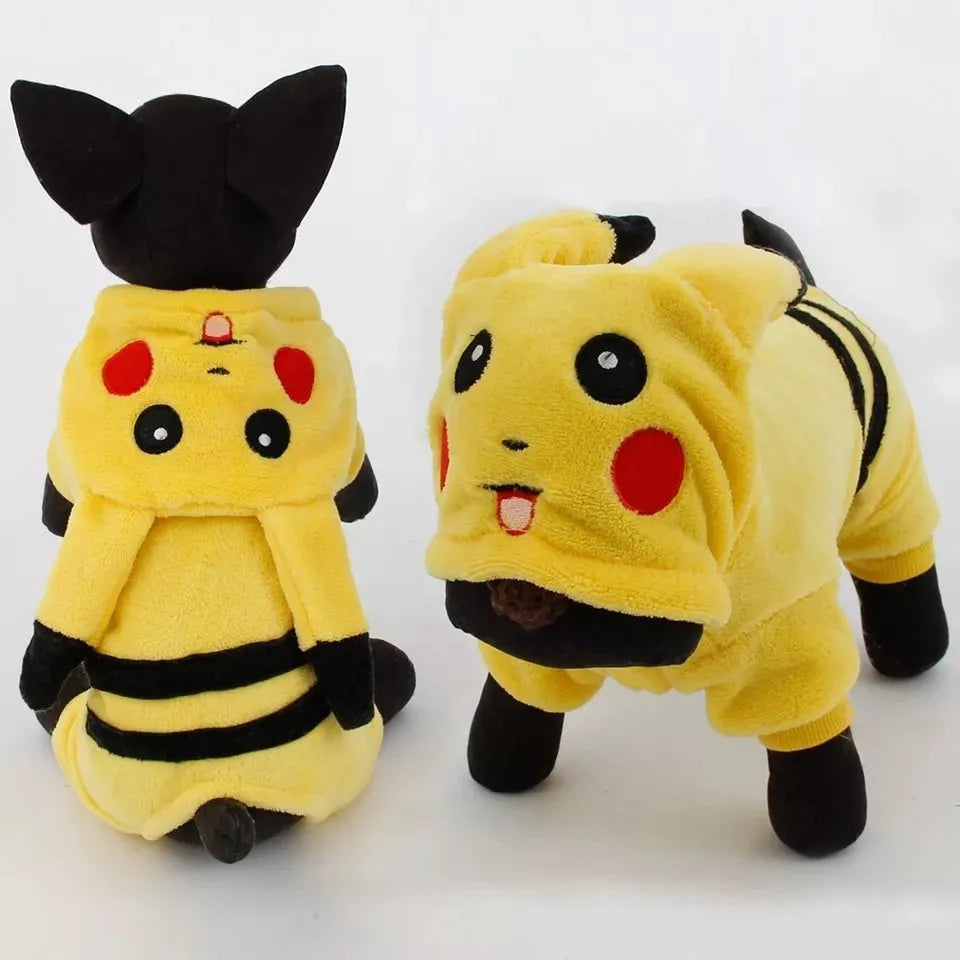 Fleece cat and dog coat with cartoon design on a pet mannequin, showing hoodie style.