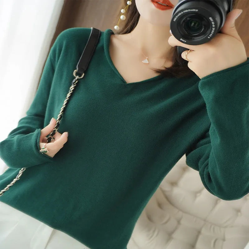 Women's V-neck long sleeve knitwear pullover top in a macaron colour, showcasing non-iron elegant style.