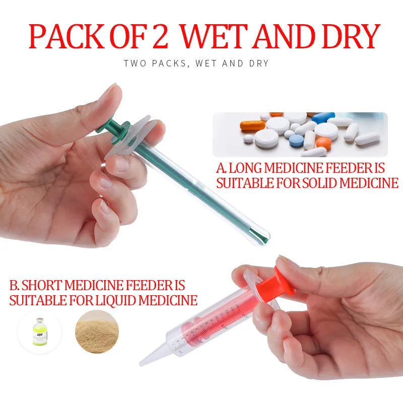 Two pet pill shooters with soft silicone tips for administering tablets to cats and dogs.