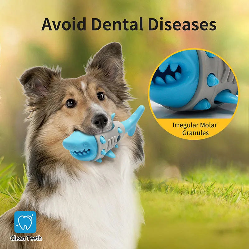 Blue, grey, and yellow shark-tooth shaped dog chew toy with textured surfaces and venting holes.
