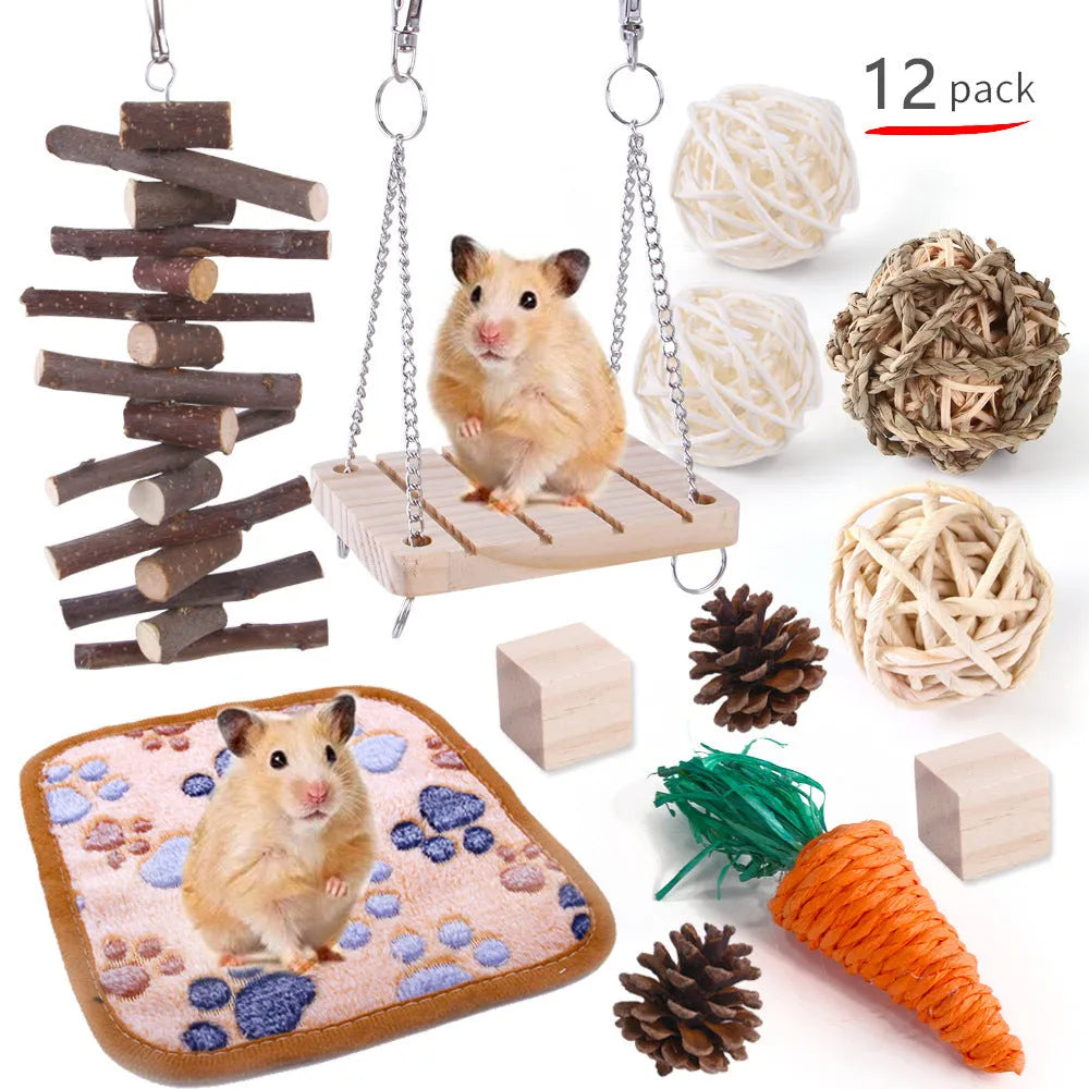 Wooden pet chewing toys bundle for rabbits guinea pigs and parrots with natural wood materials
