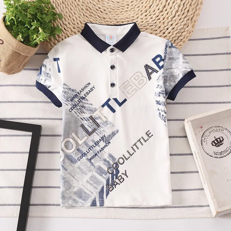 Solid colour short-sleeve cotton T-shirt for children with a lapel collar.