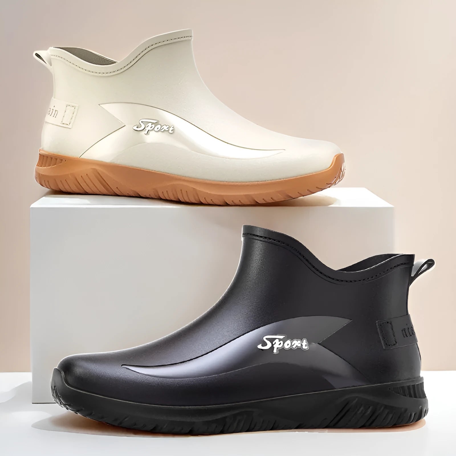 Men's short tube PVC rubber boots in beige, black, and black-red colours with non-slip sole