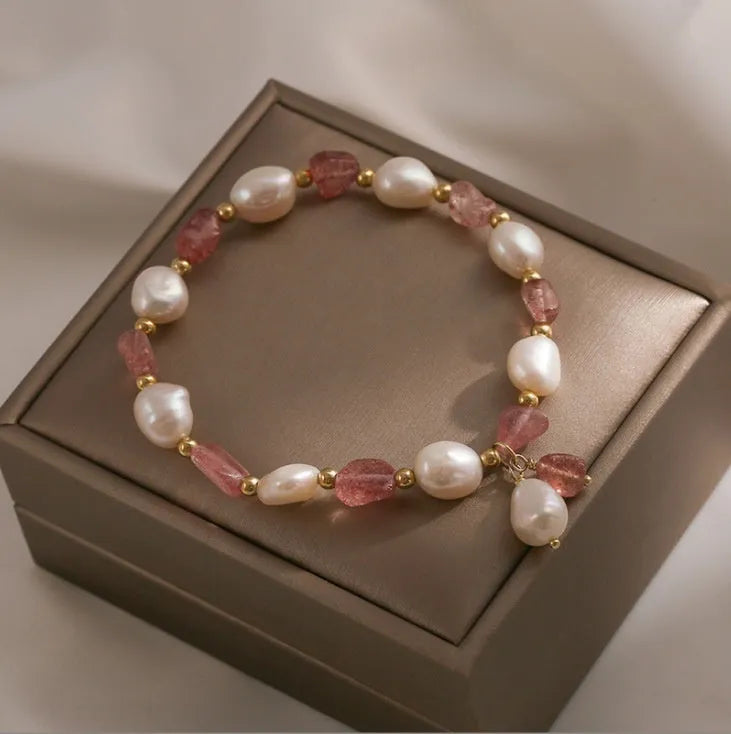 Handmade strawberry quartz crystal bracelet with hetian jade peach blossom elements in five style variations