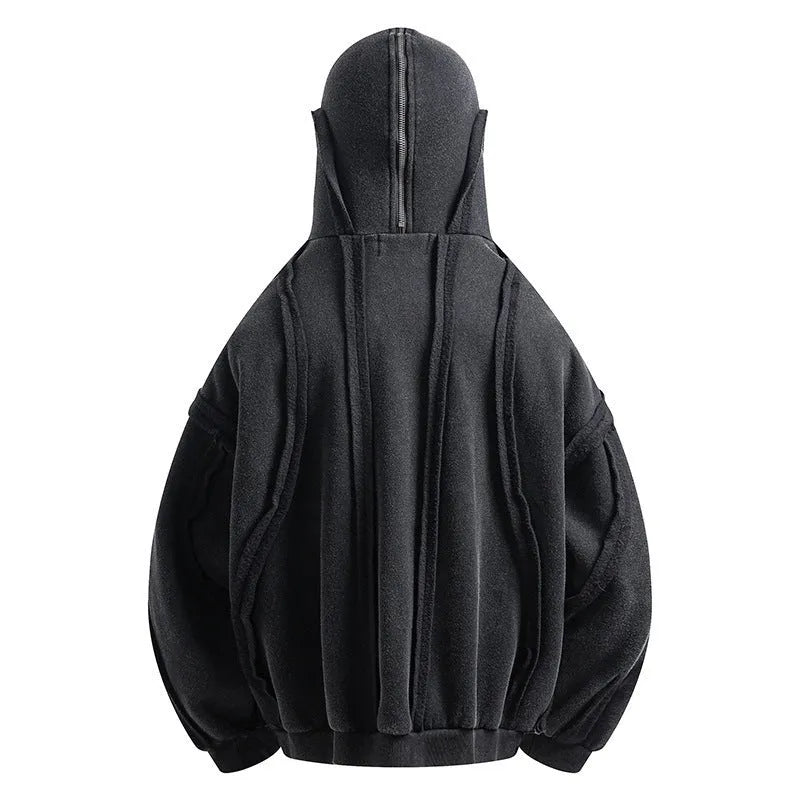 Black men's loose fit hooded cardigan coat with abstract pattern and zip front