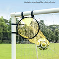 Black portable soccer training goal net set up on grass, showing 130cm square frame and netting.