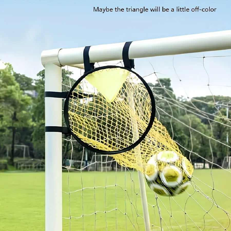 Black portable soccer training goal net set up on grass, showing 130cm square frame and netting.