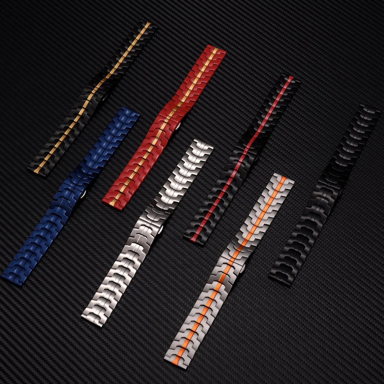 Stainless steel Samsung smartwatch replacement band in multiple metallic colours with universal 20mm and 22mm sizing
