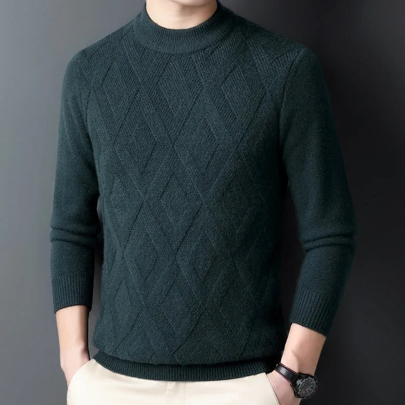 Men's winter thermal wool diamond jacquard pullover sweater shown in light camel colour