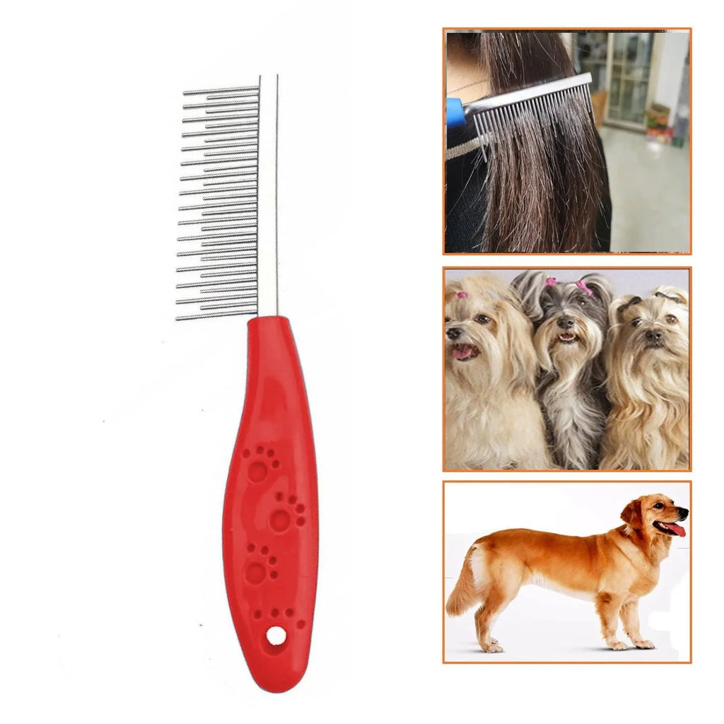 Red pet grooming comb with stainless steel short and long teeth and a plastic anti-slip handle.