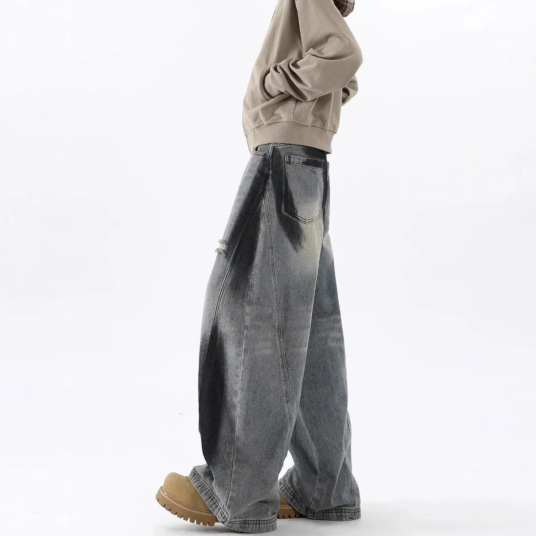 Men's American-style splash-ink ripped machete blue cotton jeans with loose fit