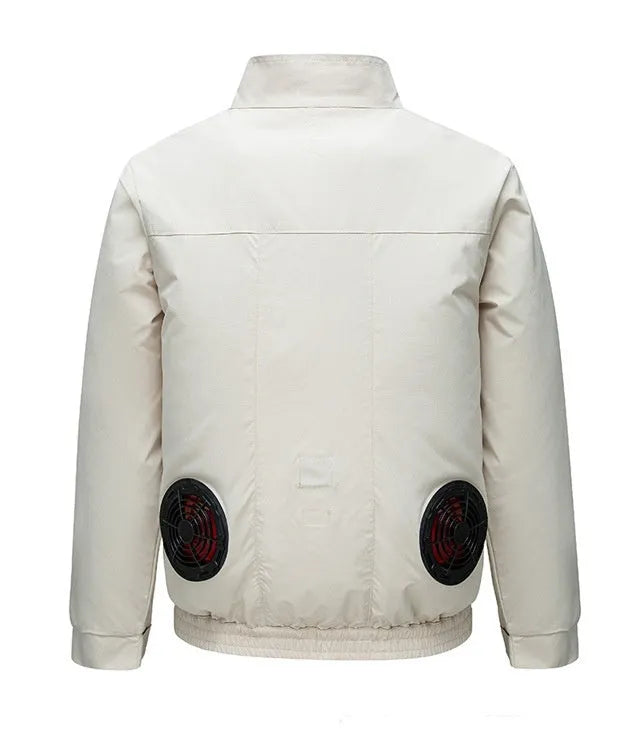 Smart air conditioning outdoor work jacket with cooling fan in black or white with ventilation holes