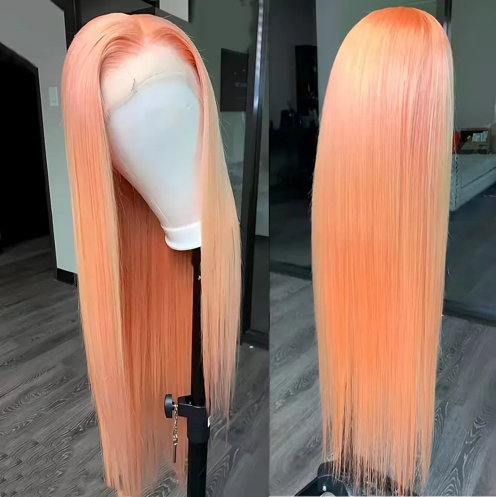 Light orange long straight front lace synthetic wig with side bangs on a mannequin head.