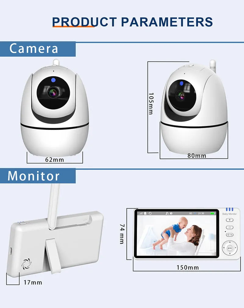 White 5-inch HD wireless baby monitor and camera on a nursery shelf.