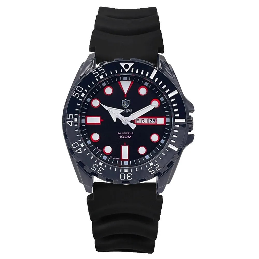 Men's waterproof luminous quartz watch with blue case and steel strap showing sporty 15mm design
