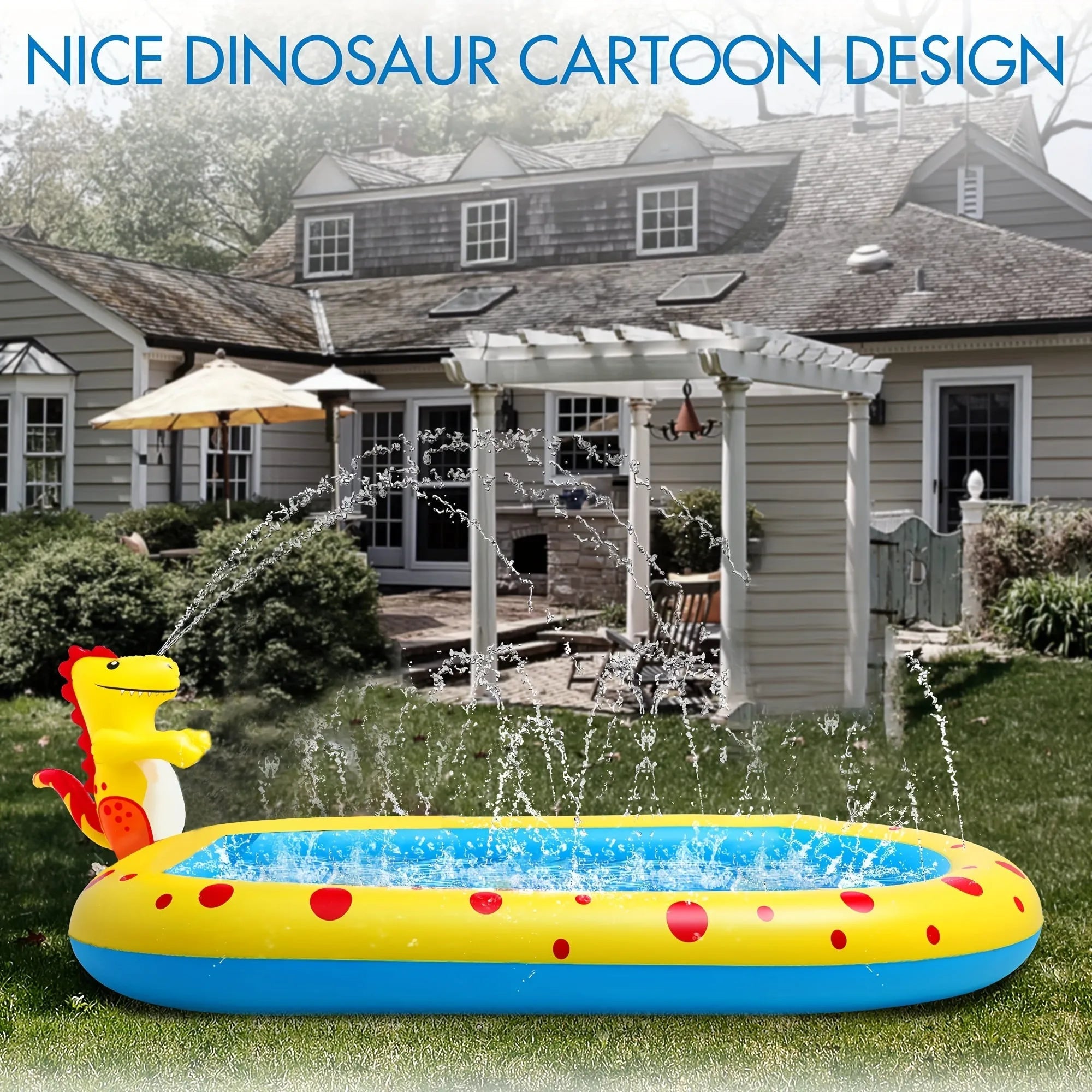Large blue inflatable kids pool with dinosaur water spray and separate shark pool section