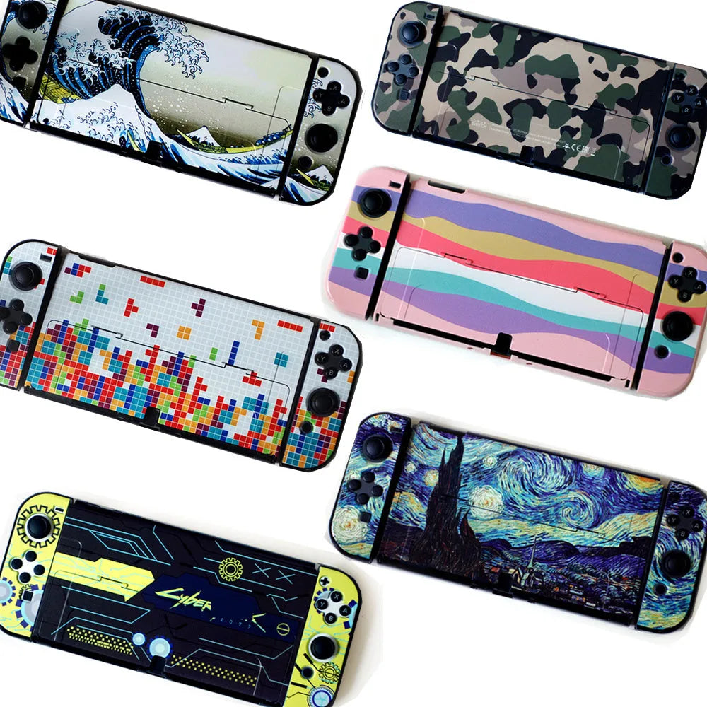 Nintendo Switch OLED hard protective case with cartoon pattern design showing front and back views