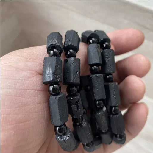 Natural black tourmaline rough stone unisex bracelet with adjustable clasp
