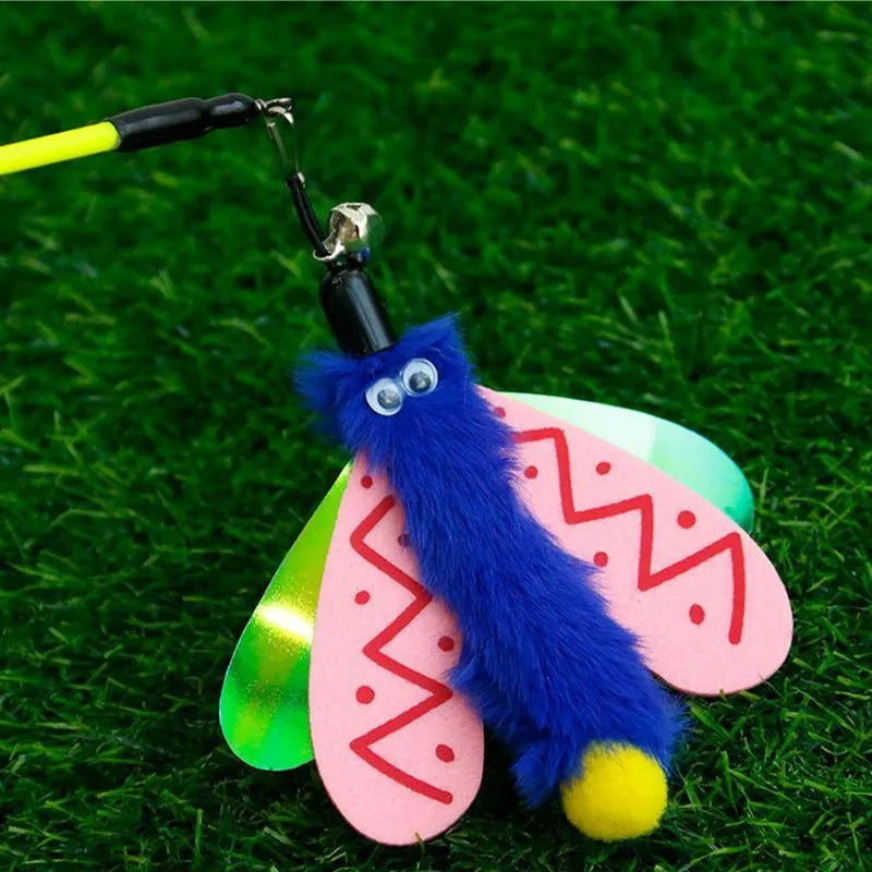 Blue cat wand toy with dragonfly attachment and bell for interactive indoor play
