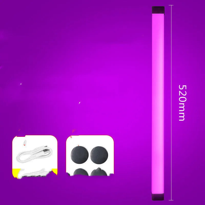 Blue and purple rechargeable LED tube light stick with dimmable RGB settings for photography and room ambience.