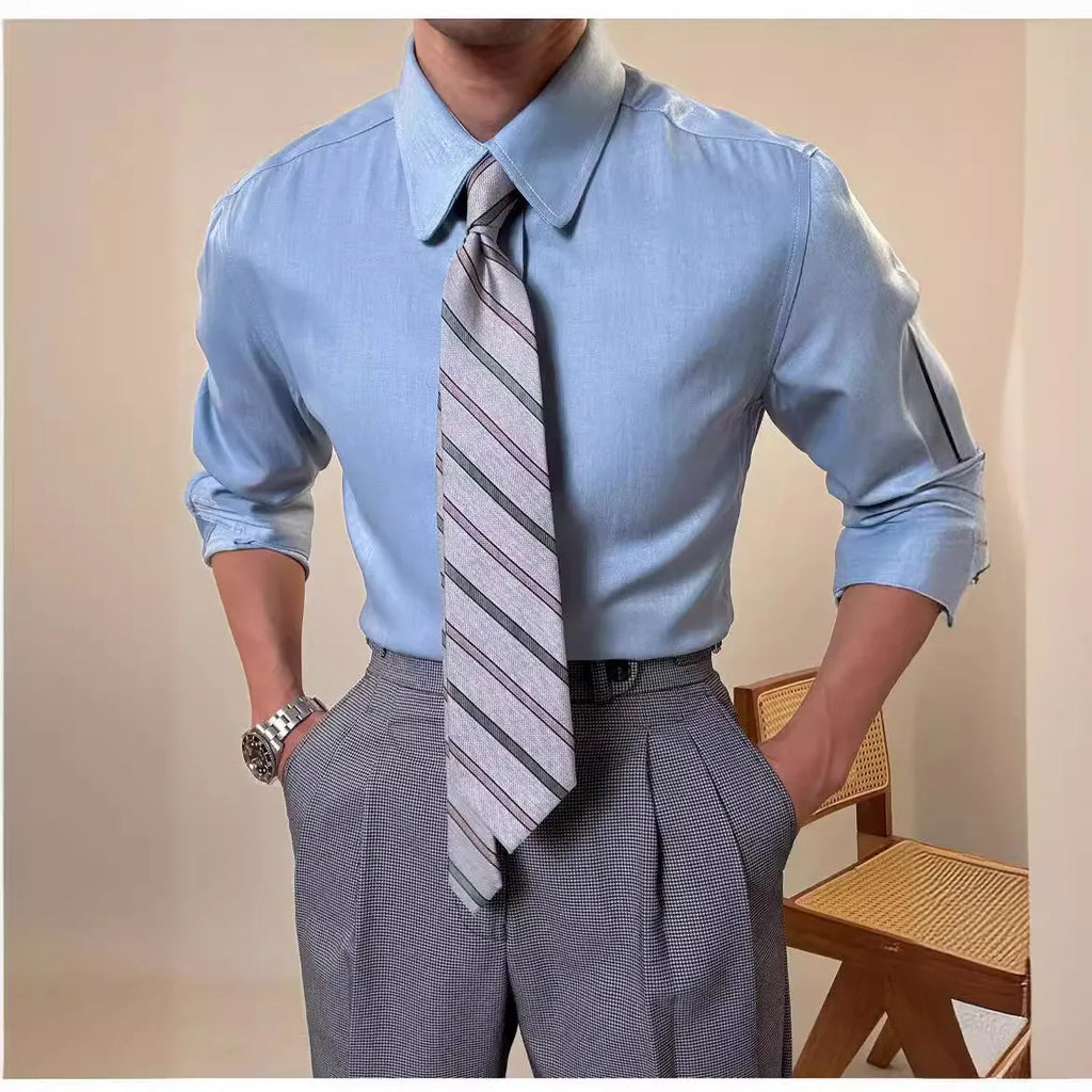 Men's slim fit round collar business shirt in blue rayon-polyester blend fabric