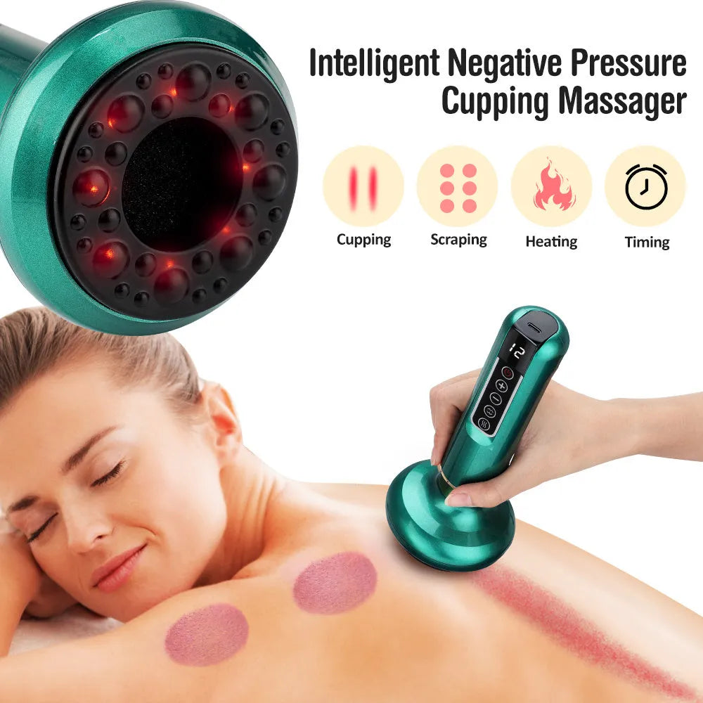 Green electric vacuum cupping massager with USB charger and essential oil head