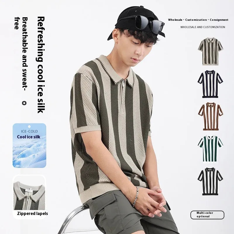 Men's black and white striped short sleeve summer sweater with zip detail on front.