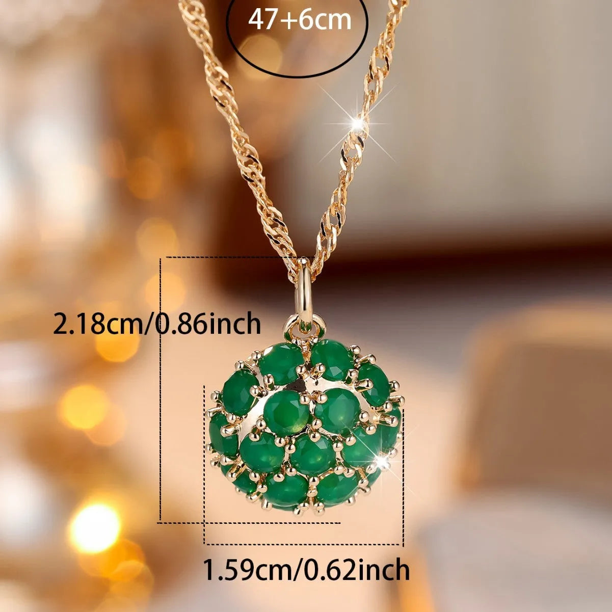 Copper electroplated women's necklace with round emerald diamond pendant on adjustable chain