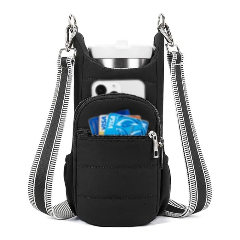 Cloth water bottle bag for bicycle frame mounting in black, pink or beige colours