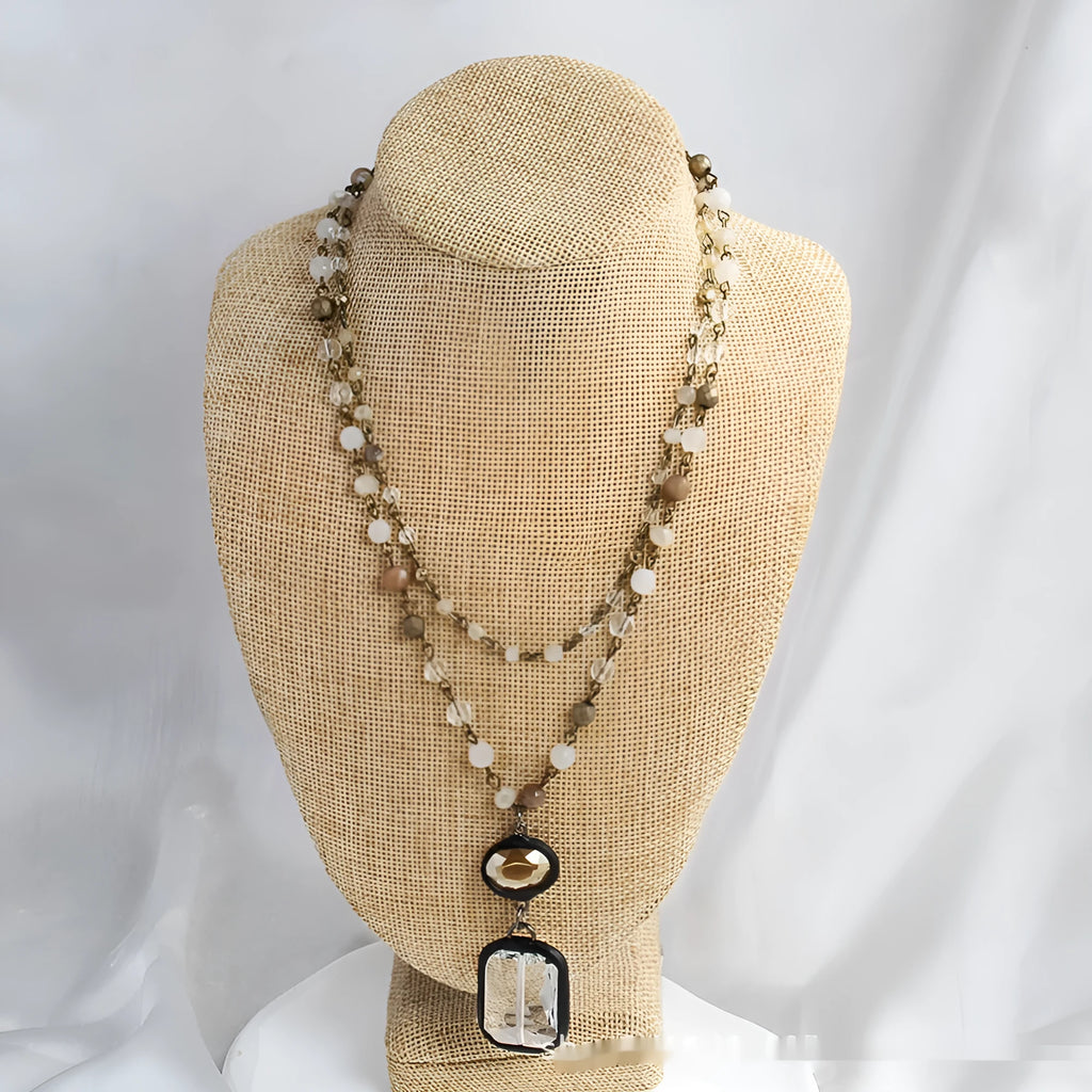 Retro tribal style 2-layer necklace with natural stone and glass pendants in beige or blue colour