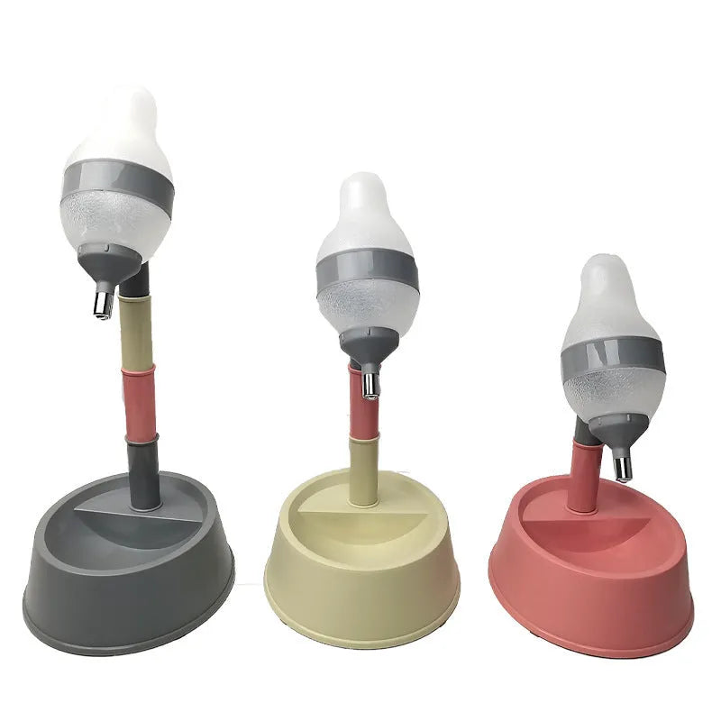 Green adjustable-height standing water dispenser for pets with a detachable pole and separate bowl.