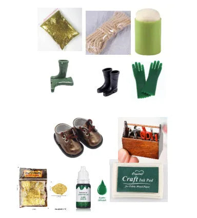 24 bottled soap pigments in rainbow colours with crafting tools and decorative accessories laid out