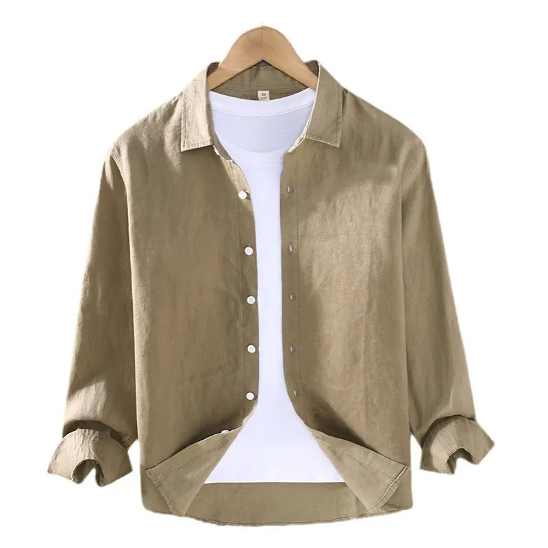 Men's linen shirt in solid colour with cardigan styling and long sleeves