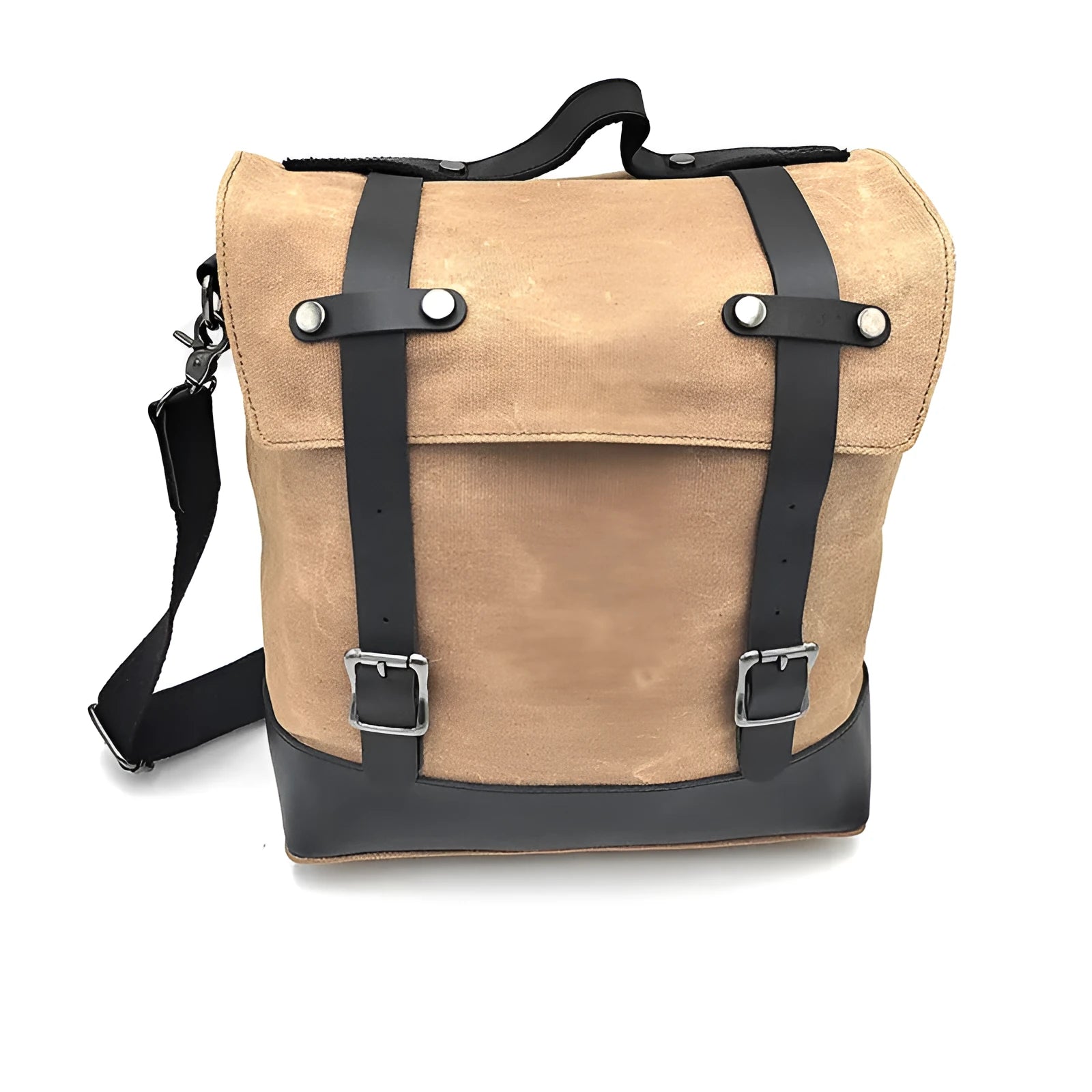 Waterproof canvas motorcycle side pannier bag in black mounted to motorcycle