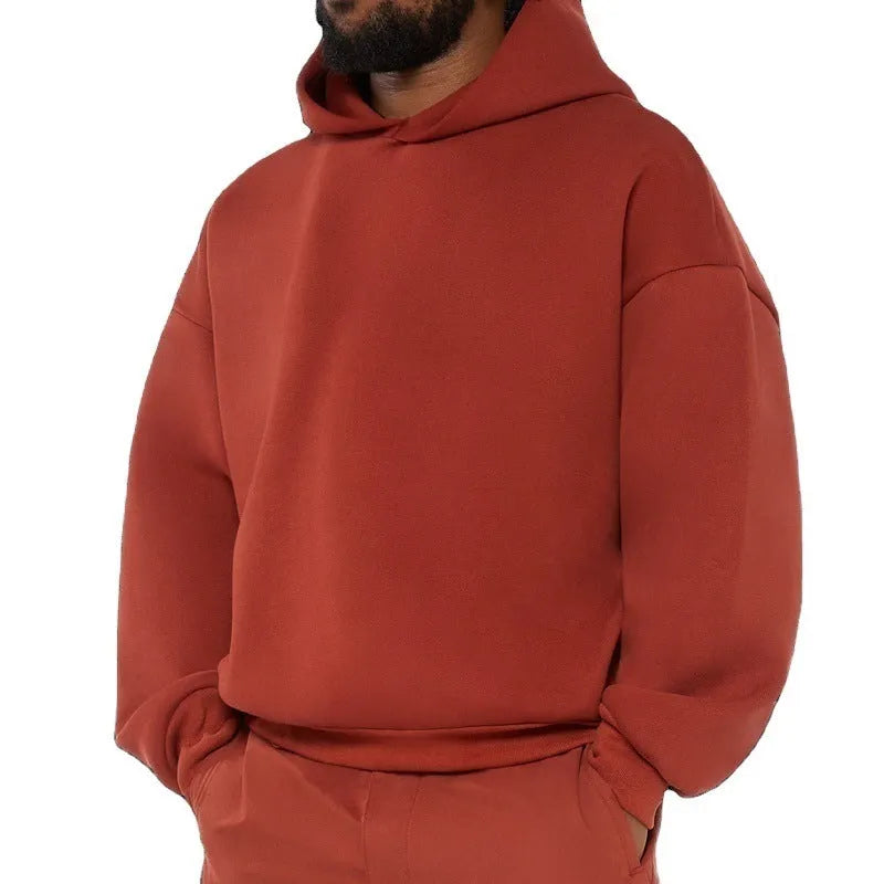 Men's solid colour fleece-lined cotton pullover hoodie with wool lining