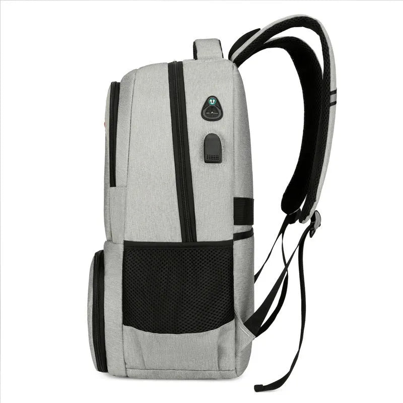 Oxford cloth backpack in light grey with pull rod belt accessory and curved shoulder straps