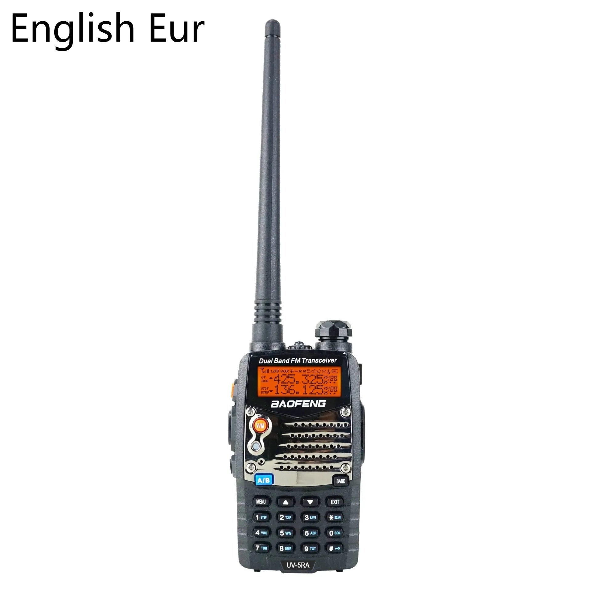 Baofeng UV-5RA dual-band handheld radio transceiver with dual display screen and removable battery