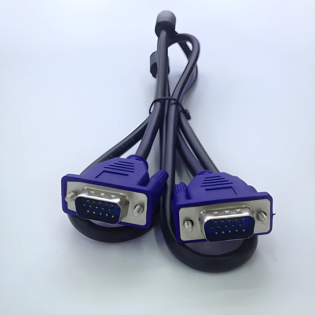 Black VGA cable with blue mould connector measuring 1.5 metres for computer to monitor connection