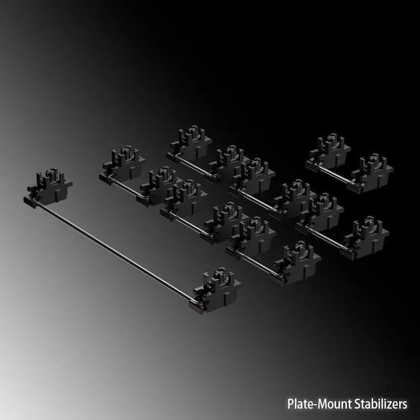 Mechanical keyboard stabiliser accessories set showing black and milky white satellite shafts for 6.25U and 7U spacebars