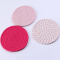 Cotton cord round coaster set showing three 18cm diameter placemats in modern colour options