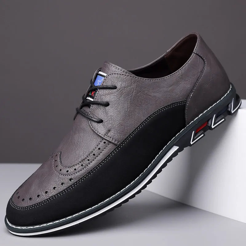 Men's black leather casual shoes with rubber sole and stitching detail