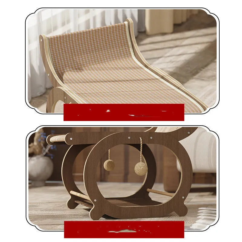 Solid wood cat scratching mat with sisal surface and integrated cat bed in walnut colour